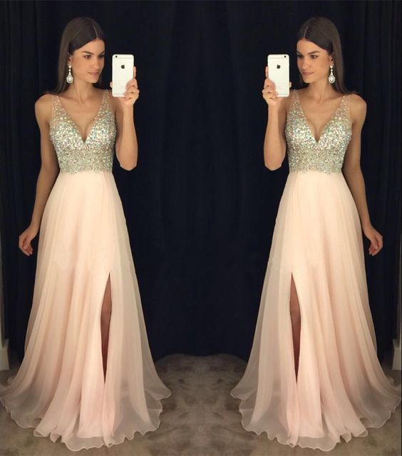 New Arrival Prom Dress,Modest Prom Dress, Sparkly Crystal Beaded V Neck Open Back Long Chiffon Prom Dresses 2017, Pageant Evening Gowns with Leg Slit