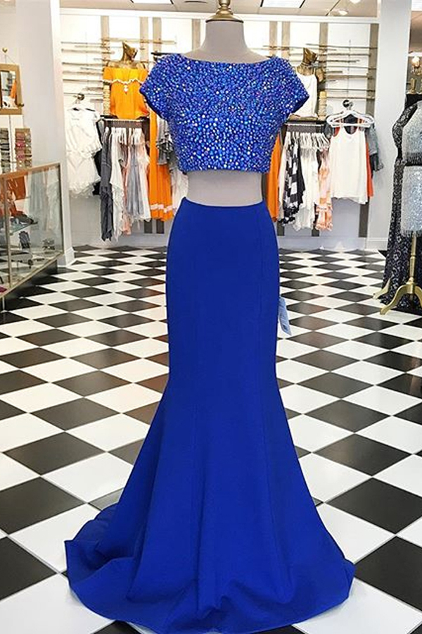 Modern Two Piece Prom Dress, Short Sleeves Prom Dress, Long Prom Dress, Royal Blue Prom Dress, Mermaid Prom Dress with Beading