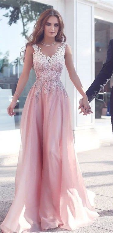 Pink Round Neck Lace Long Prom  Dress  Pink Bridesmaid  