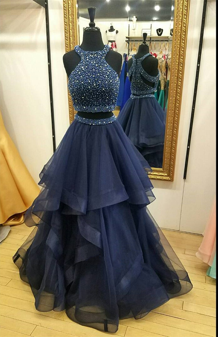 Charming Navy Blue Prom Dress,Two Piece 