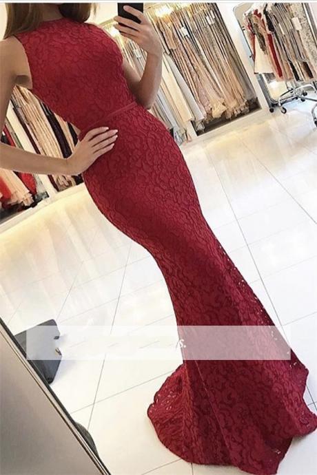 Red Elegant Mermaid Lace Sleeveless Sweep Train Prom Dresses 2018, Lace Prom Dress, lace Evening Gown, Red Prom Dress