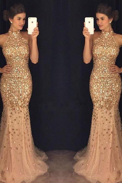 Crystals Prom Dress 2018, Champagne Prom Dresses, Newest High-Neck Mermaid Prom Gown, Luxury Graduation Dresses, Pegeant Prom Dress