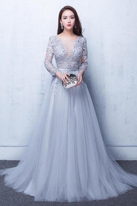 Sexy Illusion Evening Dresses, Lace Formal Dresses, 2017 Prom Dresses, Gray Prom Dresses, Lace Applique Beads Crew Neck Long Sleeves Prom Evening Dress
