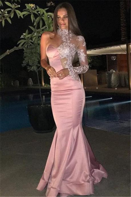 Blush Prom Dresses, Sexy Mermaid Prom Dress, High Neck One Sleeve Prom Dress 2018, Pink Mermaid Lace Appliques Evening Gown