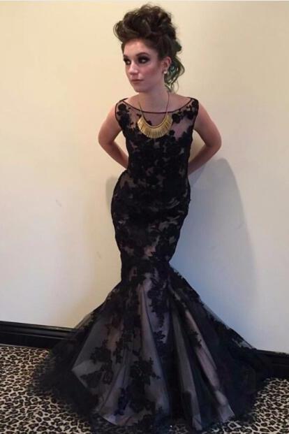 Elegant Long Prom Dresses, Black Floral Evening Gown, Custom Made Women Party Gowns, Vintage Lace Appliques Long Prom Dresses, Mermaid Floor Length Tulle Prom Dress