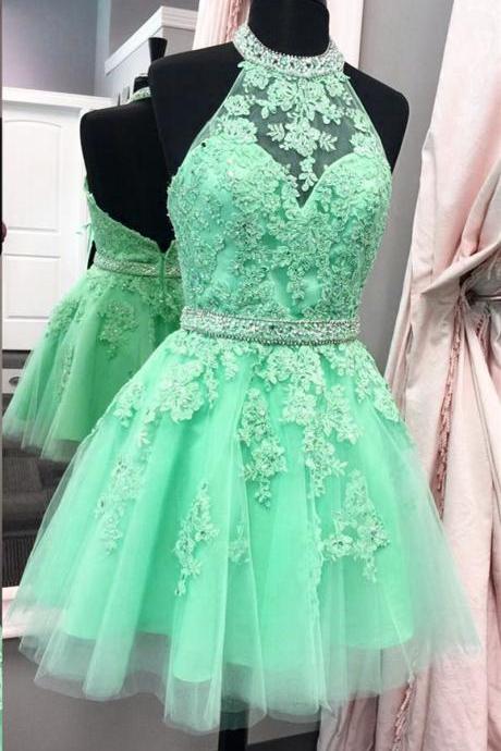 Chic Homecoming Dresses, Halter Homecoming Dress,Tulle Homecoming Dress,Short Prom Dresses 2017,Lace Homecoming Dress,Cute Party Dress