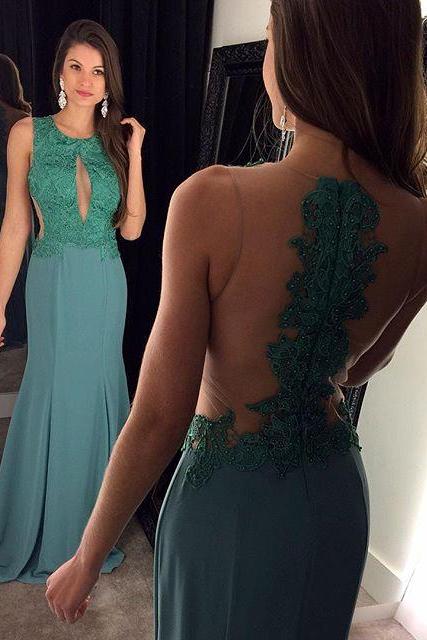 Green Prom Dresses,Backless Prom Dress,Lace Prom Dress,Backless Prom Dresses,2017 Formal Gown,Open Back Evening Gowns,Open Backs Party Dress,Sexy Prom Gown For Teens