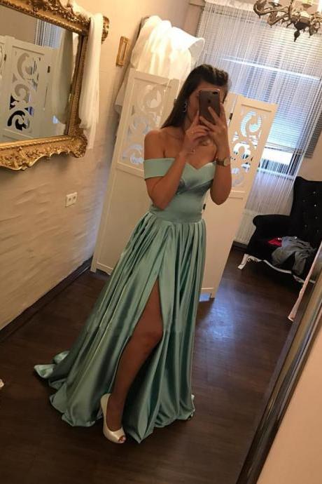 Off the Shoulder Long Prom Dress, Slit Prom Dress, Satin Prom Dress, Simple Prom Evening Dress, Custom Made Prom Dresses, Prom Dresses 2018