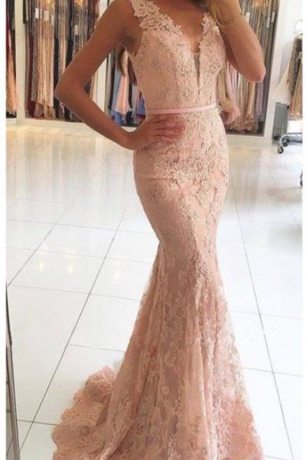 Elegant Lace Prom Dress, Mermaid Long Prom Dress, Beading Sleeveless Evening Dress