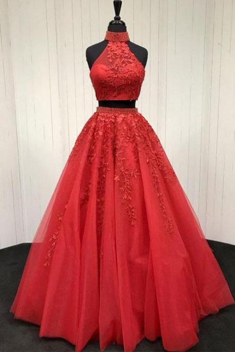 Red Two Pieces Lace Tulle Long Prom Dress, Red Evening Dress, Two Pieces Prom Dress,Tulle Prom Dress,Fashion Prom Dress,Sexy Party Dress,Custom Made Evening Dress