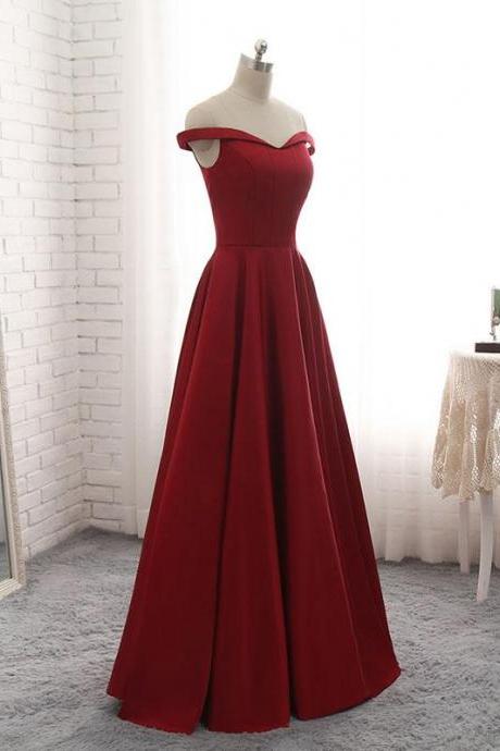 Charming Off the Shoulder Satin A-line Prom Dress Floor Length, Woman's Burgundy Evening Dress Simple Formal Dress