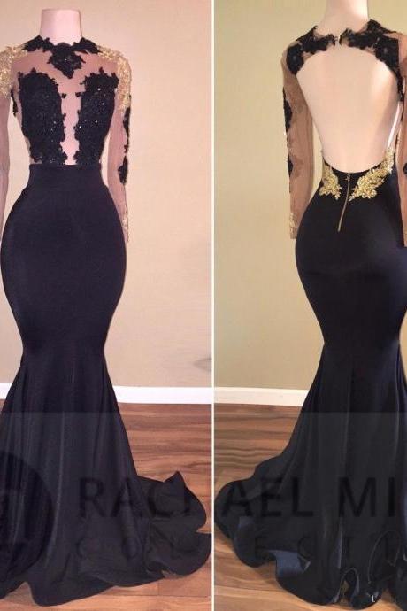 African Black and Gold Mermaid Prom Dresses 2018, High Neck Sexy Open Back Long Sleeve Prom Evening Gowns, Woman Dresses