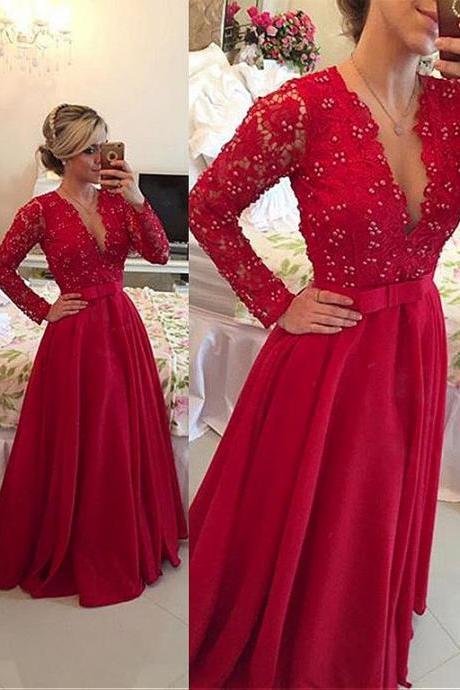 Gorgeous Lace and Chiffon V Neck A-lilne Evening Dresses with Beads, Red Lace Sheer Prom Dresses, Woman Dresses for Weddings and Events