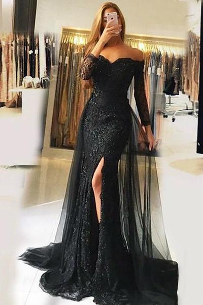 Mermaid Off the Shoulder Detachable Train Black Tulle Prom Dress with Beading Lace, Evening Dresses