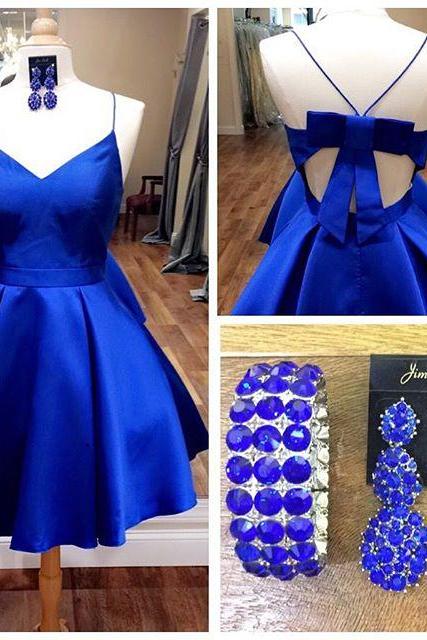 Straps Short Royal Blue Homecoming Dress with Ribbon, Sweetheart Short Prom Party Dresses
