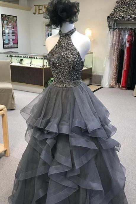 2018 High Neck Gray Prom Dresses with Open Back, Sexy Ruffled Red Party Dresses
