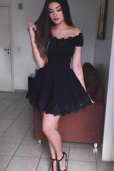 Chic Black Satin and Lace Homecoming Dress Sexy Little Black Dress Short Prom Dress Party Dress