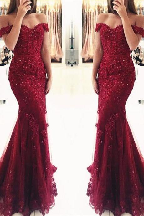 Gorgeous Off the Shoulder Mermaid Red /Burgundy Lace Prom Dresses 2018 Long Evening Party Gown