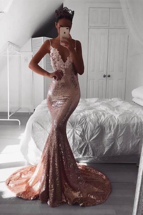 Rose Gold Sequin V Plunge Neck Open Back Prom Dresses Sweep Train Woman Party Dress