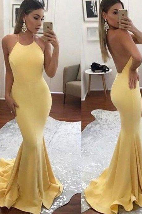 Sexy Halter Sleeveless Backless Yellow Mermaid Prom Dress with Sweep Train Party Dress for Girls