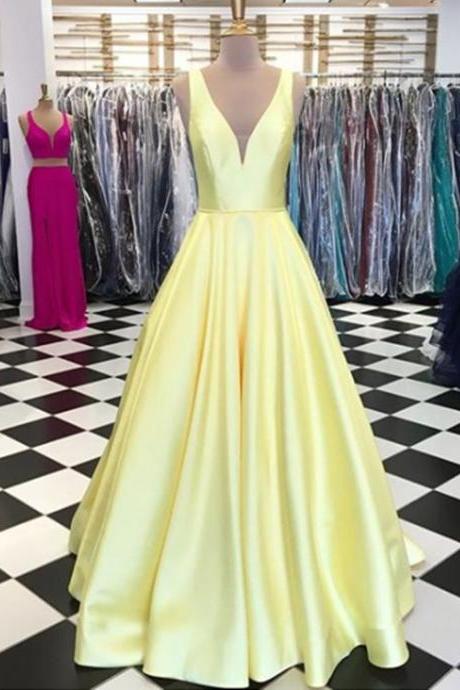 Simple Princess V Neck Yellow Satin Prom Dress, Long Formal Dress, V Neck Evening Dress