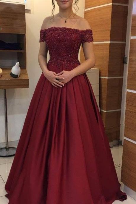 Elegant Off the Shoulder Burgundy Lace Beading Prom Dresses Long Evening Gown for Woman