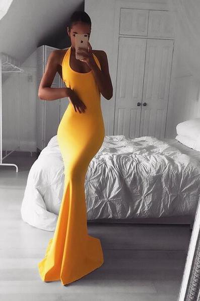 Yellow Hater Spandex Shealth Long Prom Evening Dress Backless Party Dress