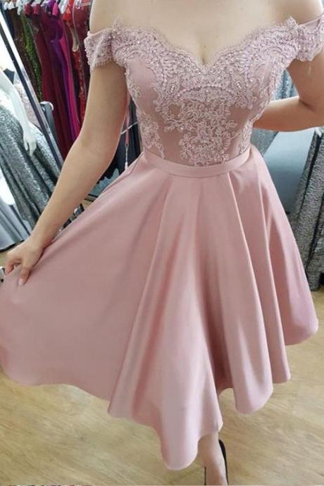 Cute Pink Lace V-neck Off The Shoulder Homecoming Dresses Tea Length Party Gowns