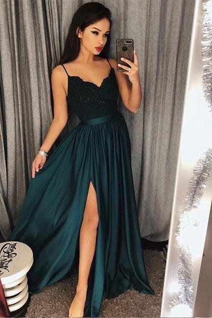 Sexy Dark Green V-Neck Lace Bodice Prom Dress,Green Slit Side Evening Dresses