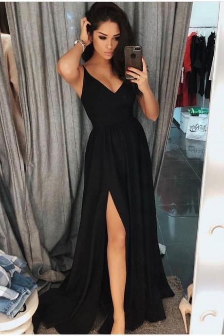 Modest Long Black Prom Dresses with Slit, Simple Sexy Spaghetti Straps Evening Gowns