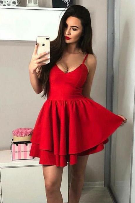 Cute A-Line Spaghetti Straps Tiered Red Satin Short Homecoming Party Dress