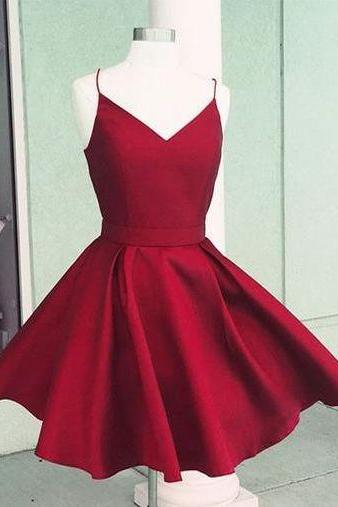 Simple A-Line V-Neck Burgundy Satin Short Homecoming Party Dress with Bow Back