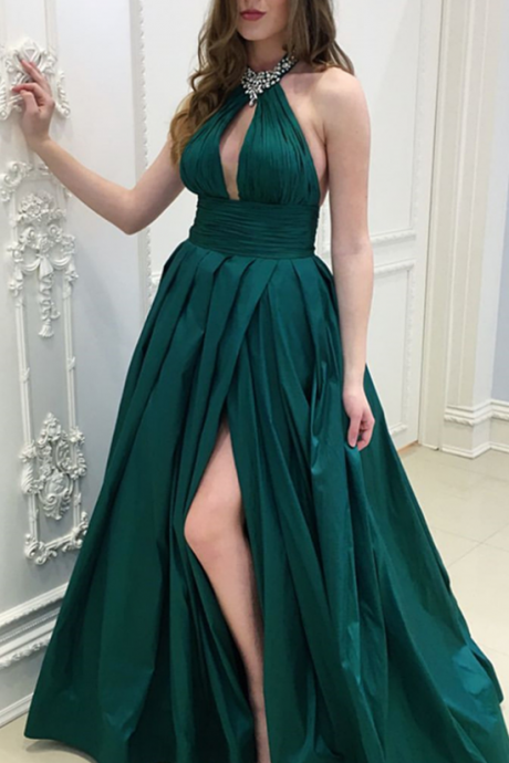 Dark Green Beaded Halter A-Line Prom Dress Formal Evening Gown With Side Slit