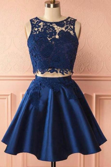 Exquisite Navy Blue Lace and Satin Jewel Neckline 2 Pieces A-line Homecoming Dresses Short Prom Dress