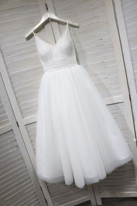 White V Neck Tulle Lace Tea Length Homecoming Dress Short Prom Party Dress Bridesmaid Dress