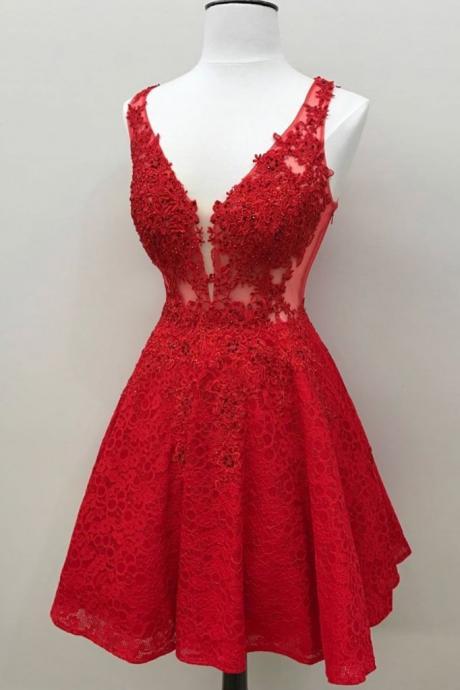 Pretty V Neck Red Lace Beaded Homecoming Dress Short Prom Party Dress