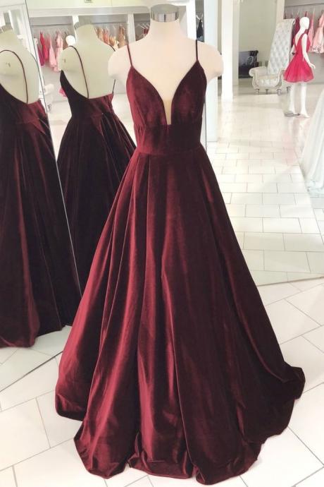 Simple Plumging V Neeckline Satin Burgundy Evening Dress Prom Formal Dress