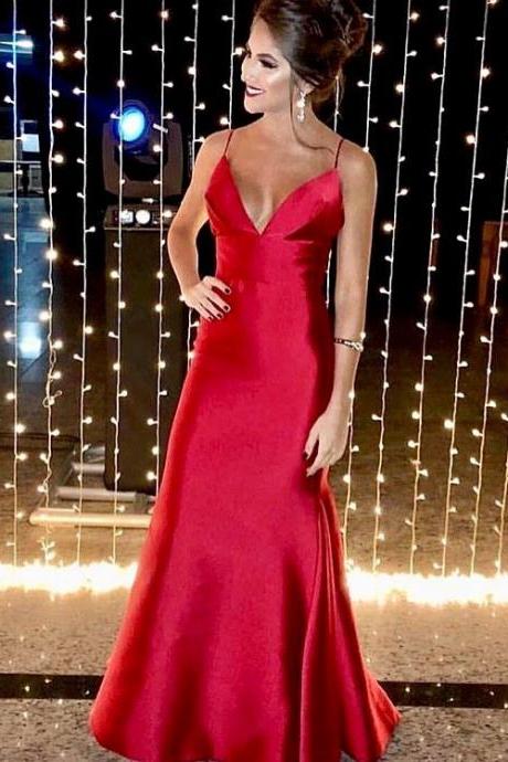 Elegant V Neck Straps Red Mermaid Long Prom Dress for Weddings and Evening Events