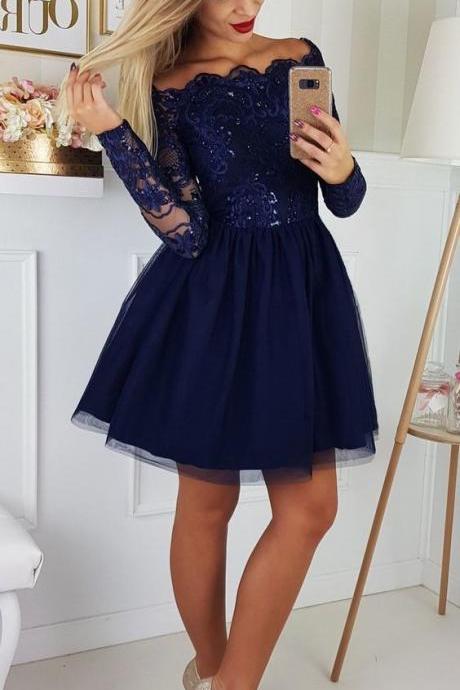 A-Line Off-the-Shoulder Long Sleeves Navy Blue Homecoming Dress Short Party Dress