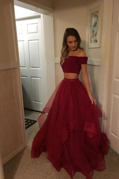 Off Shoulder Tulle Evening Dresses Prom Gowns Tulle Prom Dresses Cheap, Two Pieces Red Prom Dress, Long Party Gowns
