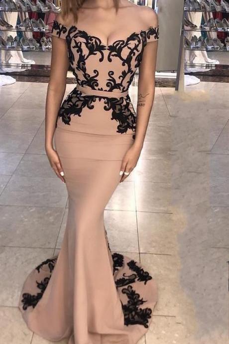 Elegant Off the Shoulder Black Lace Mermaid Prom Dress, Long Evening Dress 2018