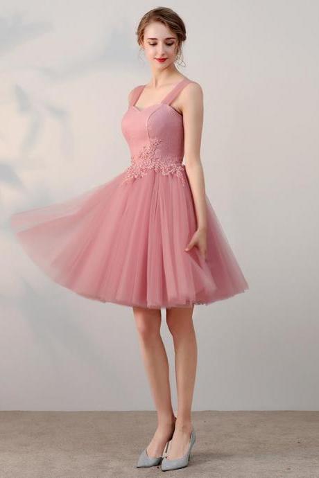 Chic A-line Pink Tulle Lace Applique Straps Short Prom Dress Simple Homecoming Dress
