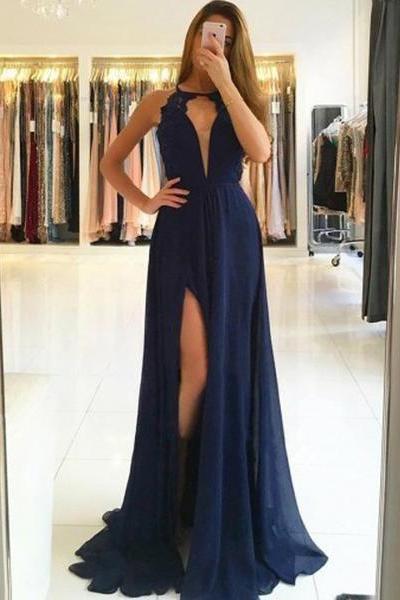 Unique Lace Appliqued Long Prom Dress With Slit Fashion Winter Evening Dress