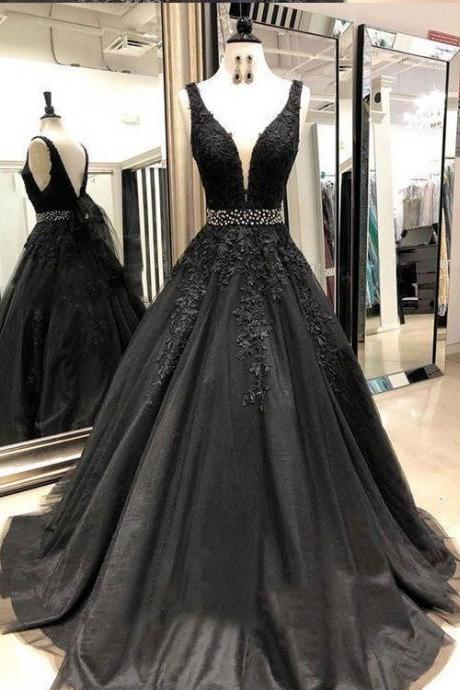 Sexy Black V Neck Tulle Lace Beaded Long Prom Dress, Black Evening Dress Formal Wear