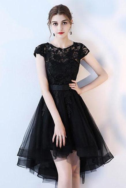 Modest Cap Sleeves Black Tulle Lace Prom Dress, Black Short Lace Homecoming Dress, Short Dress for Prom