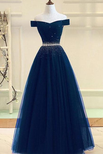Gorgeous Blue Tulle Bading Prom Dress, Off Shoulder Evening Dress for Prom