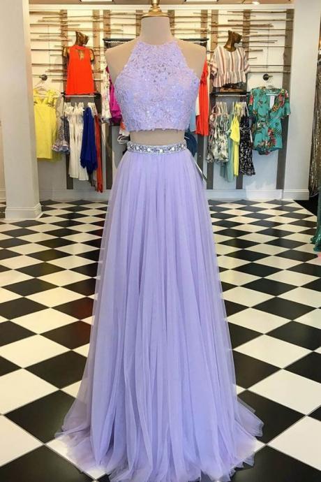 Lavender tulle strapless two pieces prom dress, two pieces homecoming dress