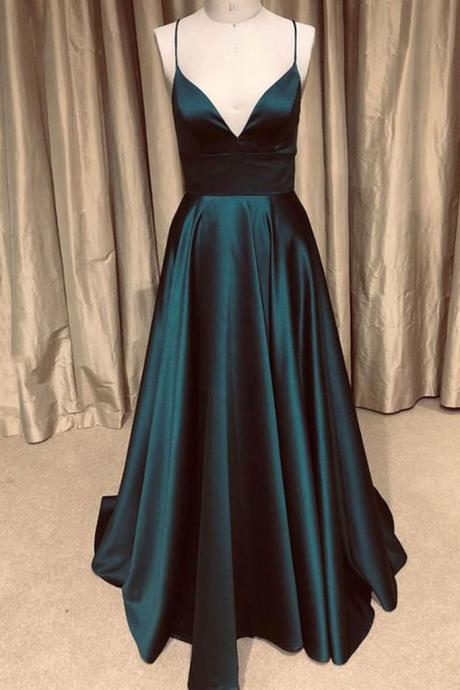 Simple Emerad Green Satin Long V Neck Prom Dress, Evening Dress