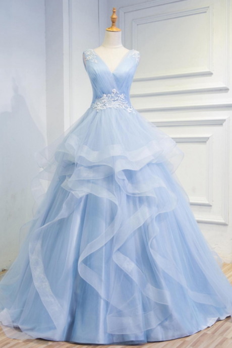 Elegant Baby Blue A-line Long Prom Dresses with Ruffles and Embroidery