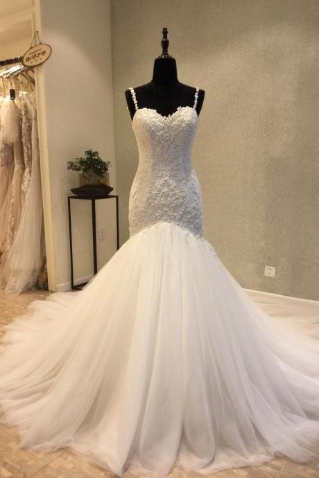 Free Shipping Sexy Spaghetti Strap Lace Appliqués Ivory Tulle Mermaid Wedding Dress Open Back